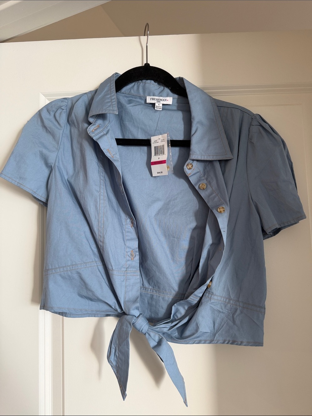 Freshman Pale Blue Short Sleeve Tie-Front Button Shirt